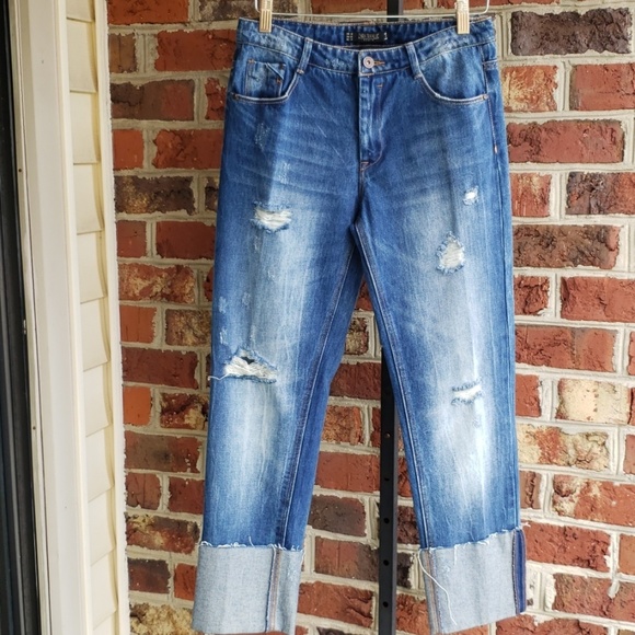 Zara Blue Distressed Cuffed Jeans Size 2 - Picture 3 of 8
